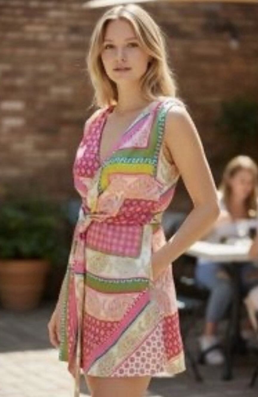 NWT ZARA Printed Patchwork Tie Dress Pink/Green/Ecru M
